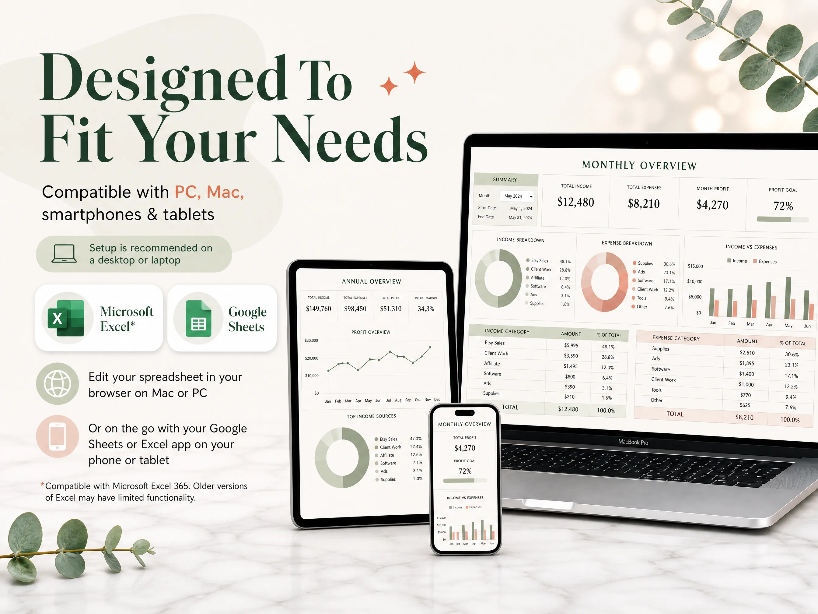 Easy Bookkeeping Sheet - compatible with Excel and Google Sheets on any device