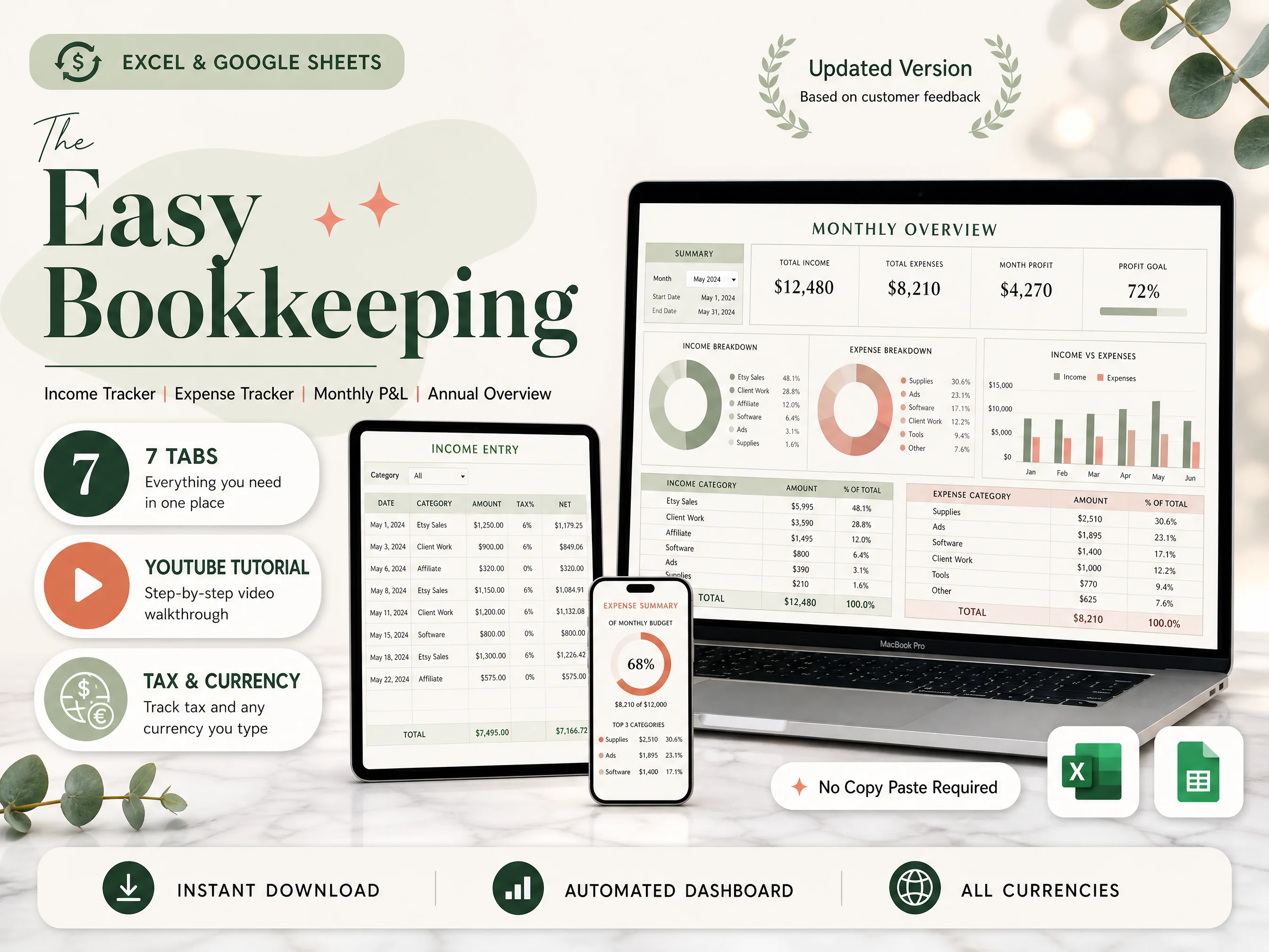 Easy Bookkeeping Sheet - Income and expense spreadsheet for Excel and Google Sheets